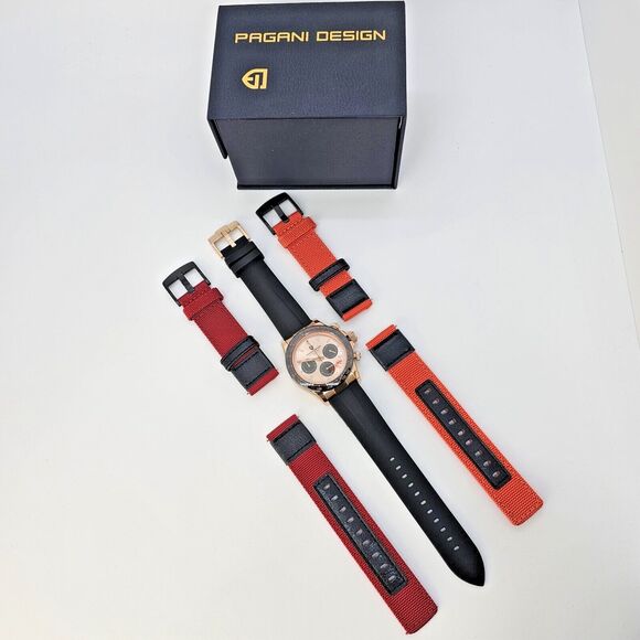 Pagani Design Watch Men's 40MM Gold Dial Black Plastic Red Orange Canvas Bands - Picture 2 of 16